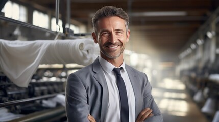 Happy Businessman in textile factory, clean background 
