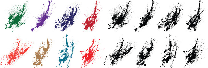 Distress set of black, purple, green, red, orange, wheat color bleed paint splatter grunge brush stroke background