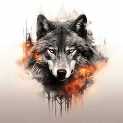 Double exposure Portrait Poster for a forest fire inside a wolf