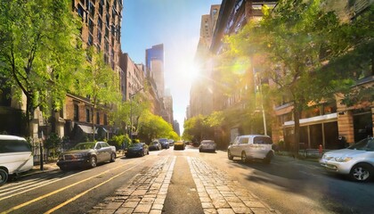 sunlight shining on the busy intersection on clinton street in the lower east side neighborhood of...
