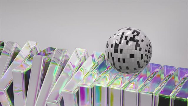 Reflective 3D animation of a checkered sphere on prism terrain, showcasing a dance of light. Satisfying video