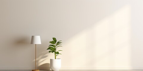 Mockup of an empty room wall with a lamp and a plant.