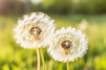 Captivating close-up of two dandelion seed heads, also known as blowballs, standing tall and serene against a softly blurred green background bathed in warm, golden sunlight. The delicate seed