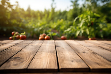 vegetables on the wood table against the background of a vegetable garden