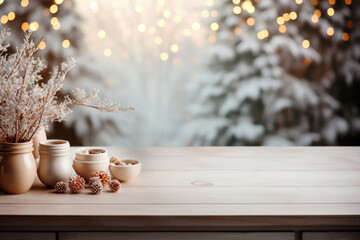 Winter wooden table for product presentation. Empty wooden table in front of blurred winter holiday background ready for montage of the product display  - obrazy, fototapety, plakaty