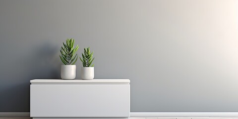 Minimalist interior with a white commode displaying a crassula plant.
