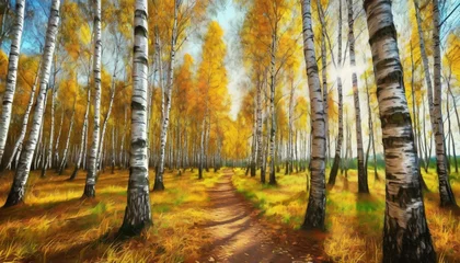 Fotobehang horizontal autumn landscape with birch grove digital oil painting printable wall art © Enzo