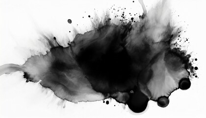 black ink watercolor flow blot with drops splash abstract texture color stain on white background