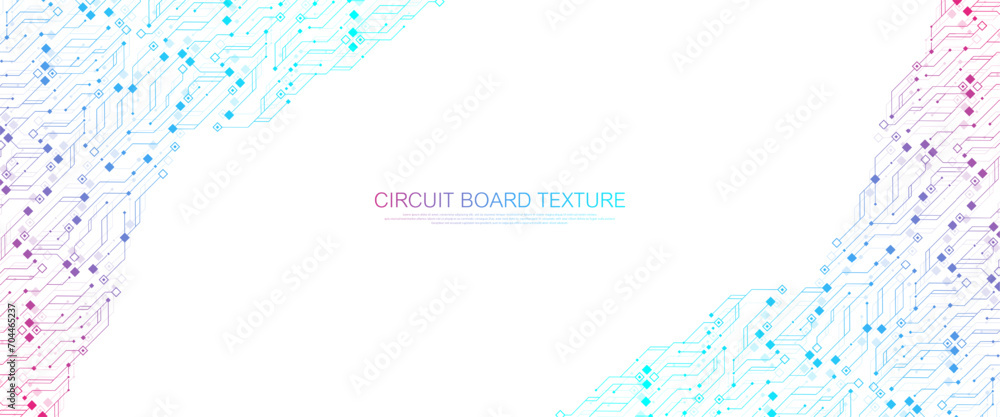 Poster Quantum computer technologies concept. Futuristic blue circuit board background vector. Modern technology circuit board texture background design. Waves flow. Quantum explosion technology.
