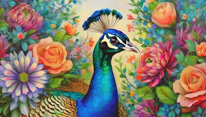 beautiful peacock portrait on background of flowers vintage vertical painting generative ai