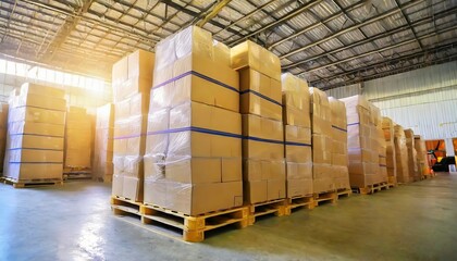 package boxes wrapped plastic stacked on pallets warehouse shipping distribution storehouse shipment boxes supply chain cargo supplies warehouse logistic