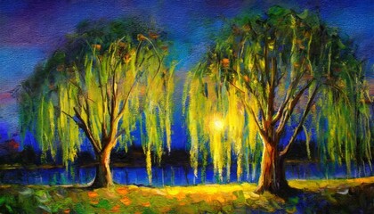 digital oil painting of two weeping willow trees at night impressionism impasto printable square wall art