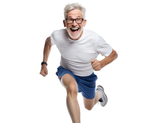Happy middle-aged man jogging, cut out