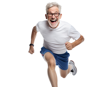 Happy middle-aged man jogging, cut out