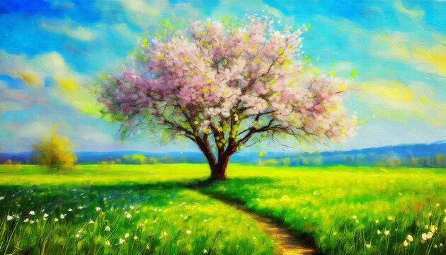 spring landscape with blooming tree on a meadow digital oil painting printable square artwork