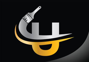 Paint brush With Letter U logo design template. Initial Luxurious Paint Sign Concept Template