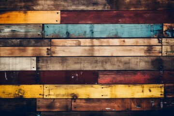 This image captures a dynamic arrangement of wooden planks painted in a variety of colors that...