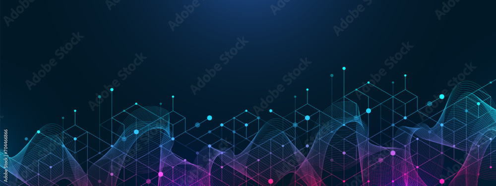 Poster Technology abstract lines and dots connect background with hexagons. Hexagons connection digital data and big data concept. Hex digital data visualization. Vector illustration