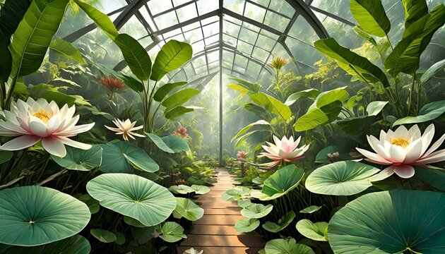 graphic illustration of a greenhouse floral wallpaper with exotic jungle leaves and water lilies abstract botanical design for photo wallpaper wallpaper mural card