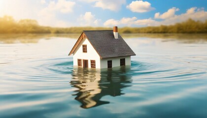 a miniature model house submerged in water natural disasters and floods concept background generative ai
