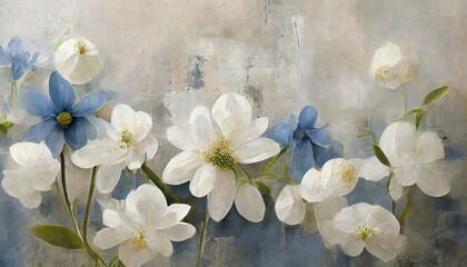 macro white blue flowers on concrete grunge wall floral background design for wall mural wallpaper photo wallpaper fresco card postcard invitation textile home decor