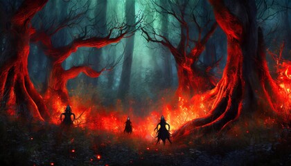demonic creatures in a dark evil dark forest covered with dark trees and glowing red fire fantasy concept illustration painting