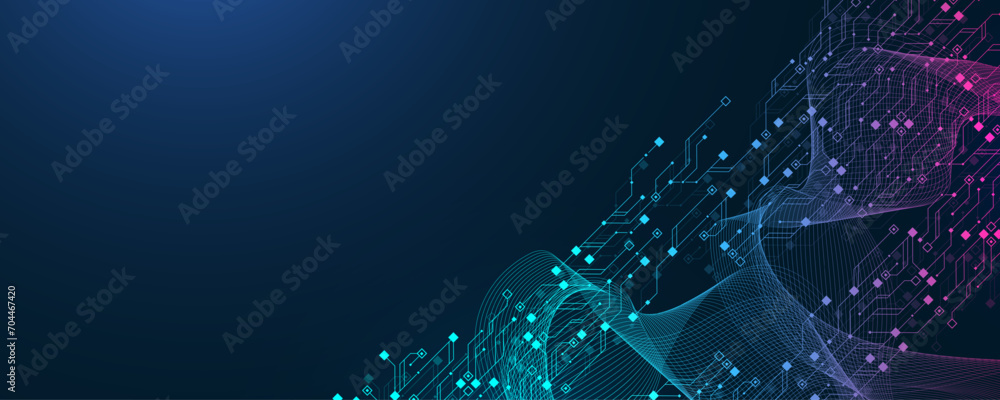 Aufkleber Quantum computer technologies concept. Futuristic blue circuit board background vector. Modern technology circuit board texture background design. Waves flow. Quantum explosion technology.