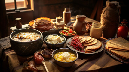 Traditional Romanian breakfast, food, meal, dish, cooking, restaurant, delicious, cuisine, grill, plate, gourmet, eggs, sousace, bacon, meat, pork, grilled, fried, sauce, cooked, landscape format 16:9