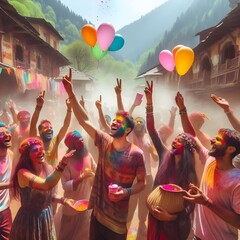 Happy young Group celebrating holi, college students celebrating, holi, happy holi, holi celebration, holi party
