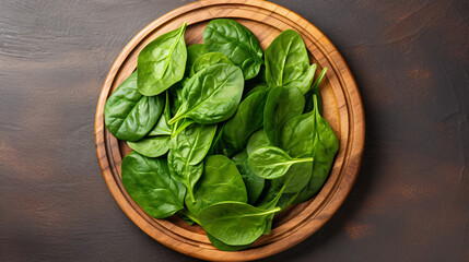 Fresh spinach leaves on wooden plate Healthy