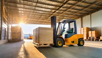 Fototapeta na wymiar forklift tractor unloading wooden crate at warehouse trucks loading dock warehouse cargo sending to customers shipment supplies warehouse shipping freight truck logistic transport