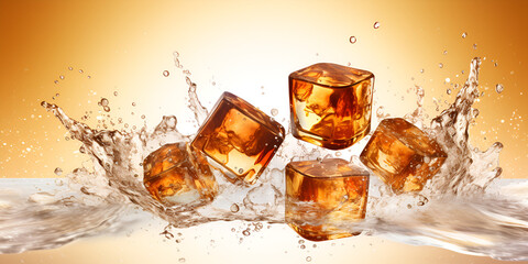Immersive Coolness: The Artistry of Realistic 3D Ice Cubes in Whiskey Splash, 3D Rendering of Whiskey's Icy Embrace, The Dance of Frozen Ice Cubes in Whiskey Splash generative AI
