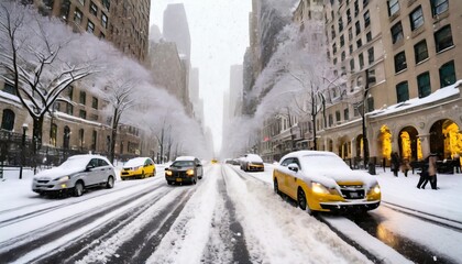 taxis drive down a snow covered 5th avenue during a winter nor easter storm in new york city