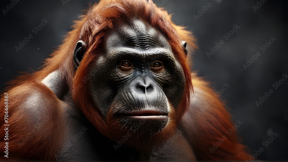 Wall mural Close-up of an awesome male orangutan with textured background and space for text, background image, generative AI