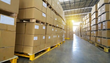package boxes stacked on pallets at warehouse cartons parcel cardboard boxes storehouse stockpile distribution supply chain supplies warehouse shipping