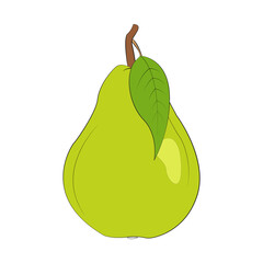 Pear with stem and leaf. Fresh sweet fruit full of vitamins for healthy eating, diet. Natural product, fruity ripe dessert. Design of greeting cards, posters, patches, prints on clothes, emblems.