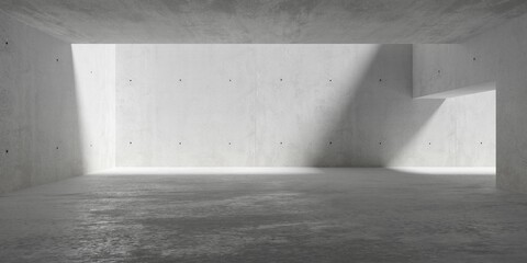 Abstract empty, modern concrete room with opening in the back, ceiling beam and rough floor - industrial interior background template