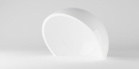 Abstract white geometrical hemisphere primitive over white background, modern minimal geometry template with copy space