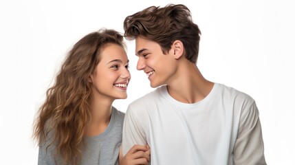 Young couple with Valentine's Day concept, teen happy smiling couple, isolated on white background
