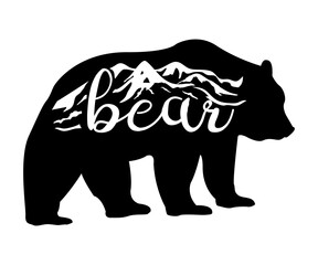 Forest and mountains. Bear in wild breed. Tattoo, travel, adventure, wild nature symbol. Design for greeting cards, posters, patches, prints, emblems. Natural open spaces.