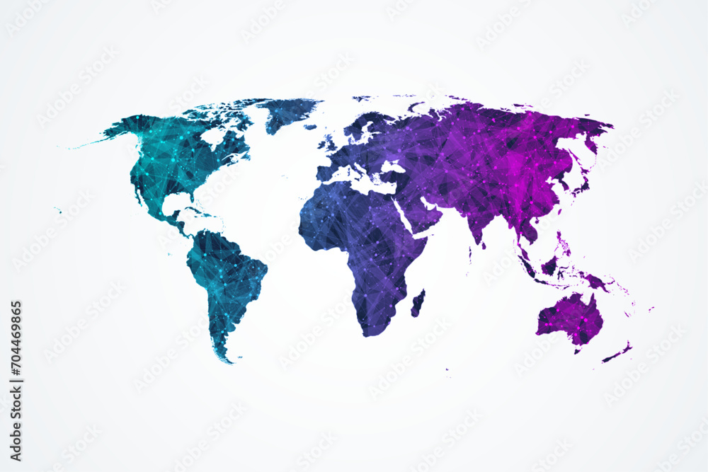 Poster World Map Vector With Connections Dots And Lines. Global Network Internet Connection World Map.