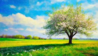 spring landscape with blooming tree on a meadow digital oil painting printable square artwork