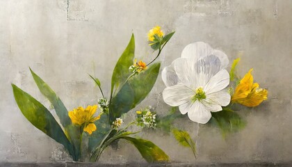 Fototapeta na wymiar flower illustration painting on a concrete grunge wall loft modern classic design design for interior projects wallpaper photo wallpaper mural poster home decor card packaging