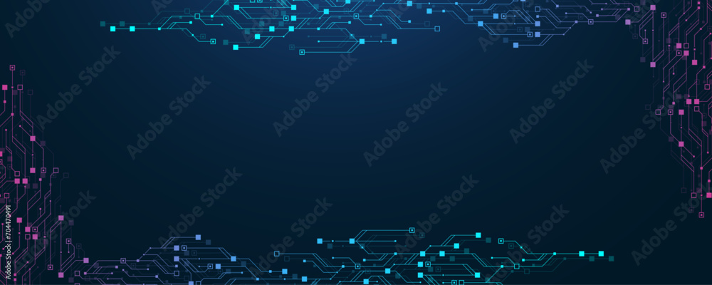 Aufkleber Modern technology banner template with circuit board texture. Quantum computer technologies concept. Technology connection digital data and big data concept.