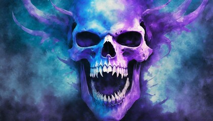 an blue and purple drawing of a skull demon showing its teeth fantasy concept illustration painting