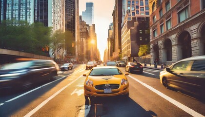 taxi driving through a busy intersection past the people in the intersection of 5th avenue and 23rd street in new york city with sunset background