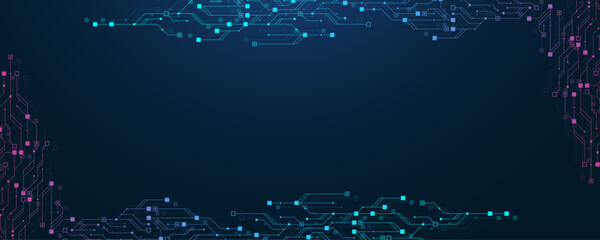 Modern technology banner template with circuit board texture. Quantum computer technologies concept. Technology connection digital data and big data concept.
