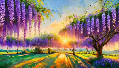 Obraz na płótnie Canvas sunset in a wisteria grove beautiful spring evening landscape digital oil painting impasto printable square wall art
