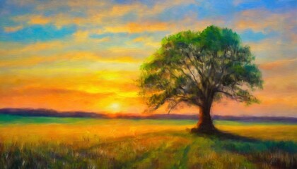 Fototapeta na wymiar fantasy landscape with a big tree in the meadow at sunset digital oil painting impressionism impasto printable square wall art