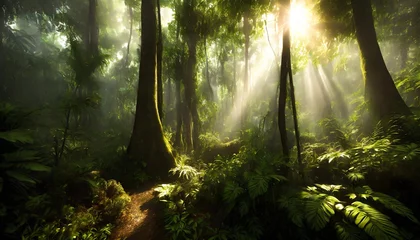 Fotobehang dark rainforest sun rays through the trees rich jungle greenery atmospheric fantasy forest 3d illustration © Enzo